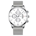 Fashionable men's watch with white dial, silver mesh band and calendar display - White Dial Silver Hands Silver Strap