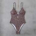 Sexy leopard print one-piece swimsuit with deep V-neck and cut-out detail for women - S / Coffee Leopard