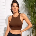 Crop top a costine marrone aderente da donna, canotta sportiva ad asciugatura rapida fitness - XS / caffè