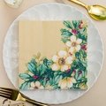Floral print paper napkin in gold color on white plate with gold cutlery set - Golden White Flower & Leaves (1028)