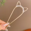 Elegant gold U-shaped hair pin featuring cat ear design with pearls and rhinestones - Cat Ears Hair Stick