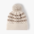 Winter knit beanie with faux fur pom-pom in beige and light brown wavy stitch pattern - Adjustable / Beige Wave Pattern (23B004 Beige)