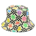 Close-up of colorful floral print on black and white checkered reversible bucket hat - One Size / Black White Checkerboard Colorful Floral (6#)