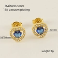 18K gold plated stainless steel heart stud earrings with blue and white zircon stones - Heart Style / Blue Zirconia
