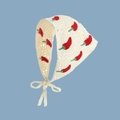 Handmade crochet headscarf in cream featuring red chili pattern with tie straps - Off-white Red Chili