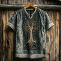 Detail of Viking tree embroidery on grey-blue short sleeve shirt with V-neck design - S / Washed Blue-Grey (World Tree Embroidery)
