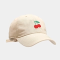 Beige cotton baseball cap featuring red cherry embroidery with a curved brim design - Adjustable / Beige