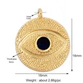 Macro detail of 16mm Evil Eye charm showing size dimensions and golden texture details - L559711-Gold Ethnic Hammered Charm