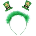 Detail of St. Patrick's Day headband with green feather trim and golden clover mini hat - Style 9 - Spring Hat Feather Shamrock Headband