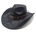 Detail of western cowboy hat with brown leather band and antique eagle metal buckle - Tie-Dye Black