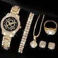 5-piece gold rhinestone jewelry set featuring watch, bracelet, necklace, ring and earrings - Black Dial Floral 5-Piece Set / Gold