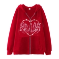 Red zip-up hoodie featuring a spider web print and heart design in size medium - S / Red (Heart Print)