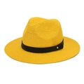 Detail of a yellow straw fedora featuring a black leather band and a gold metal rivet - M(56-58cm) / Yellow