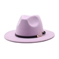 Close-up of lavender wool felt fedora with black leather band and gold buckle detail - Taro Purple