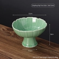 Dark green celadon ceramic pedestal bowl with elegant petal rim and ice crackle glaze - Qingfeng High Foot-Dark Green