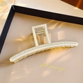 Elegant gold rectangle hair claw clip with white pearls in a black special gift box - Rectangular Hollow Pearl Claw