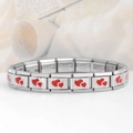 Close-up of stainless steel modular charm bracelet with red enamel double heart patterns - Double Heart-Red (18 Links)