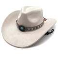 Detail van beige cowboyhoed met geborduurde band en turquoise metalen decoratiestuk - M (56-58cm) / Beige