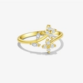 Anello regolabile in argento 925 dorato con fiori di opale bianco e diamanti taglio marquise - Aperto Regolabile / Oro 18K