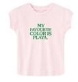 Detailansicht des rosa Baumwoll-T-Shirts mit grünem MY FAVOURITE COLOR IS PLAYA Buchstabenaufdruck - S / Rosa