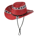 Roter Stroh-Cowboyhut mit blauen Sternmustern und verstellbarem Kinnriemen für Damen - Rot