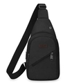 Minimalistische schwarze Canvas-Brusttasche für Herren mit braunem SPORT-Lederetikett - Schwarz