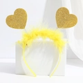 Detail of yellow plush headband featuring sparkling gold glitter heart decorations for parties - Yellow Plush Heart Headband (No. 29)