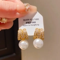 Elegant 925 silver earring with gold letter M and large white round pearl pendant - Gold Letter M Pearl (12#)