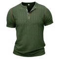 Detailopname van donkergroen Henley-shirt met wafelstructuur en contraststiksel - S / Legergroen