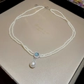 Double-layer white pearl necklace with blue gemstone and teardrop pearl pendant - White Blue Double Layer Pearl Necklace (135#)