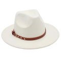 Close-up of a white wool fedora hat featuring a brown leather band and gold buckle - One Size (57cm) / Milk White (3 Studs)