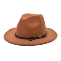 Detailed close-up of a caramel brown fedora hat with a black woven leather band detail - M (56-58cm) / Khaki