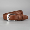 Close-up detail of a brown leather belt featuring a shiny silver metal buckle and dual loops. - Silver Buckle / Caramel color