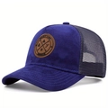 Detail of dark blue trucker hat featuring a brown leather patch and breathable mesh back - Blue