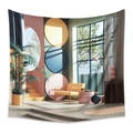 Detail of 3D geometric tapestry featuring macaron color circles and modern indoor plants - Style ZJ520-7 / 73X95CM Brushed Fabric