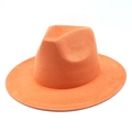 Detail view of bright orange suede fedora hat with reinforced stitched brim edges - M (56-59cm) / Orange Suede