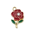 Red rose enamel metal charm with green leaves and rhinestone for DIY jewelry making - Rhinestone Rose Charm 11x18mm (16690)