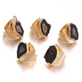 Five irregular natural black agate slice rings with hammered gold-plated wide bands - Adjustable Open / Black