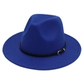 Detail of a dark blue wool fedora hat featuring a black belt strap with a gold buckle - M (56-58cm) / Royal Blue (Black Leather Band)
