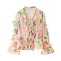 Floral print pink chiffon blouse for women with layered ruffles and elegant flared sleeves - XS / Pink