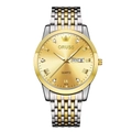 Luxurious men's gold stainless steel quartz watch with luminous dual calendar display - Two-tone Gold Silver Steel Band Gold Dial