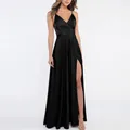 Robe de soirée élégante en satin noir avec col en V, fente haute et fines bretelles - US 14 / Haut Et Bas / Noir