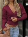 Women's burgundy V-neck button-down knit cardigan sweater with a slim fit waist - S / Burgundy