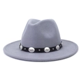 Detail of grey wool felt fedora featuring a black leather belt with silver metal studs - Light Gray