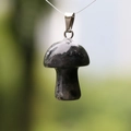 Polished black obsidian mushroom crystal pendant with metal loop for necklace - Larvikite
