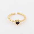 18k gold plated open ring featuring a black heart zircon center on a beaded band - Adjustable Open / Black