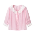 Dettaglio della camicia a quadri rosa con colletto in pizzo bianco e fiocco decorativo - S / Rosa