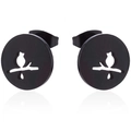 Minimalist matte black stainless steel stud earrings featuring a bird on a branch silhouette - Round Bird / Black