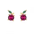 Detailed view of red crystal cherry earrings with gold finish and green leaves - Orange