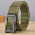 Men's outdoor army green nylon belt with black buckle on a natural wood surface - P0139B Style / Army Green